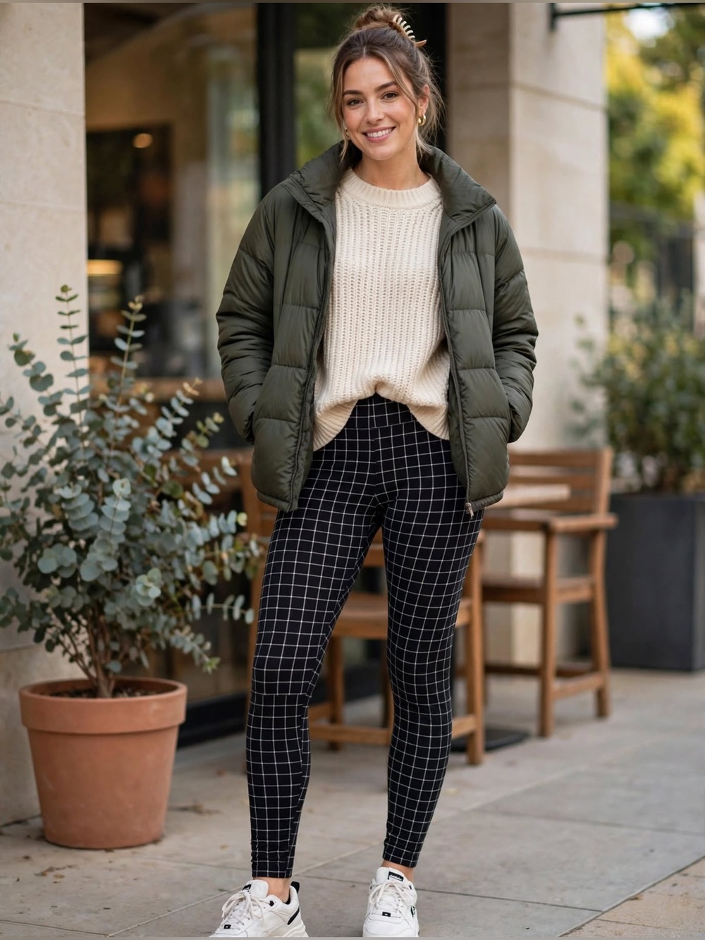 NWOT - Black High Waisted Plaid Ankle Leggings Black & White Large